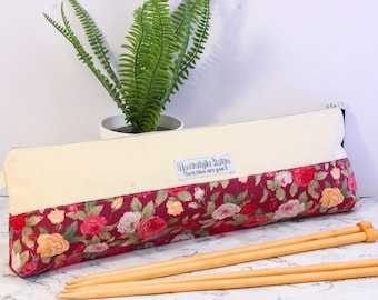 Extra long knitting needle storage case, vintage style knitting needles pouch, rustic roses knitting needle organiser case  gift for knitter