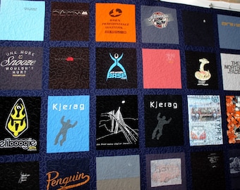 T-shirt quilt UK, 5x6 large memory quilt, bespoke keepsake quilt by Coralie Green, 30 shirts, made to order t-shirt quilt wedding gift