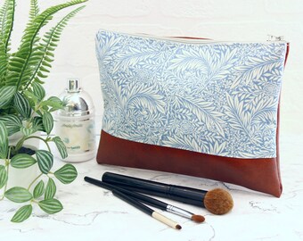 Make up bag with William Morris fabric, large vegan leather vintage style cosmetics bag, travel case, make up organiser, Coralie Green UK