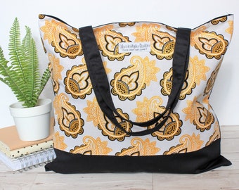 Black and gold paisley tote bag by Nostalgia Knits, reusable shopping and book bag