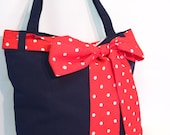 Navy blue tote bag, navy blue shoulder bag, dark blue shopping bag, red bow scarf bag, red spotty scarf shoulder bag rockabilly shoulder bag