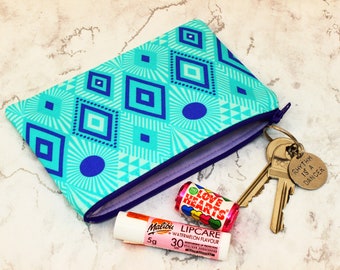 Turquoise geometric zip purse, bright blue coin purse, art deco pattern  small coin purse, stocking filler gift, secret Santa, UK handmade