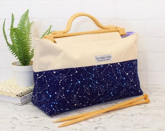 Extra large knitting storage bag, blue star constellations knitting organiser tote, work in progress knitting travel bag by Nostalgia Knits