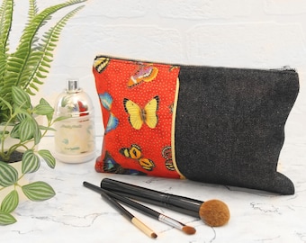 Red butterflies make up bag, denim make up purse, butterflies make up storage, travel make up case, pencil case, purse by Coralie Green UK