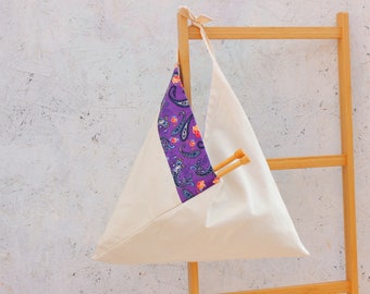 Paisley cotton bento bag, Japanese origami knot bag, large purple knitting bag, knitting project bag, handmade gift by Nostalgia Knits UK,