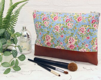 Blue floral make up bag, roses patterned cosmetics bag, rustic vintage style travel organiser, make up storage, Coralie Green studio UK