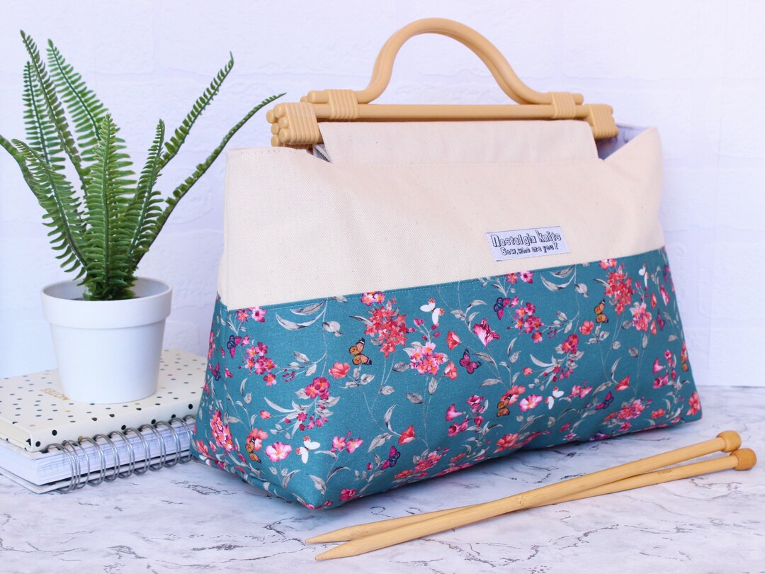 Large Knitting Project Bag, Teal Butterflies and Floral Knitting