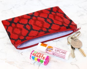 Small zip purse, red zip purse, graphic print small coin purse, handbag storage pouch, gift for friend, notions pouch, UK handmade shop