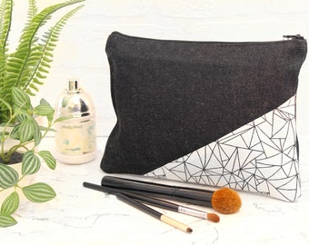 Monochrome make up bag UK, denim make up purse, black and white make up bag, minimalist make up storage, clutch purse, Coralie Green studio