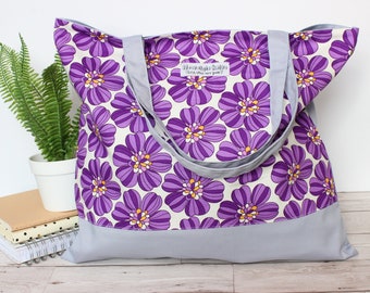 Purple floral shopping tote bag, reusable grocery bag, knitting bag, bold modern floral pattern bag, knitting project bag, carry all bag UK