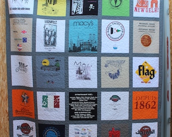 T-shirt quilt UK, 5x5 large memory quilt, bespoke keepsake quilt by Coralie Green, 25 shirts, made to order t-shirt quilt wedding gift