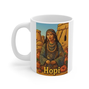 Pode incluir: Caneca de cerâmica branca com uma ilustração colorida de uma mulher em trajes Hopi tradicionais. A imagem inclui a palavra "Hopi" em amarelo, com um fundo de paisagem desértica. Ideal para café ou chá.