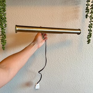 May include: A brass-colored, cylindrical wall-mounted light fixture with a black power cord and a white plug. The fixture is held by a hand against a textured, off-white wall, with hanging greenery on either side.