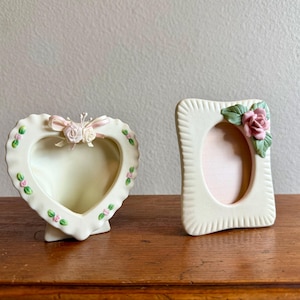 1980’s Mini Ceramic Vintage Picture Frame | Heart & Floral Cottagecore Photo Frame