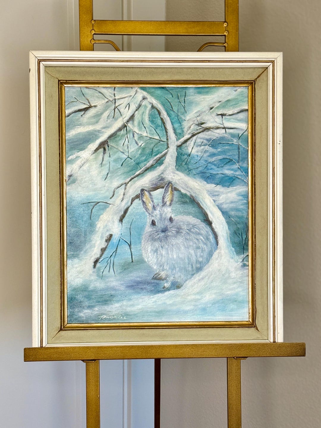 Painted Winter Rabbit Vintage Snow Bunny Oil Painting • Winter Forest Scene • Framed ...