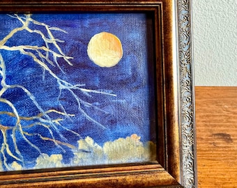 Vintage Framed Moody Mississippi Bayou Oil Painting | Biloxi Full Moon | Southern Swamp Gallery Wall Artwork
