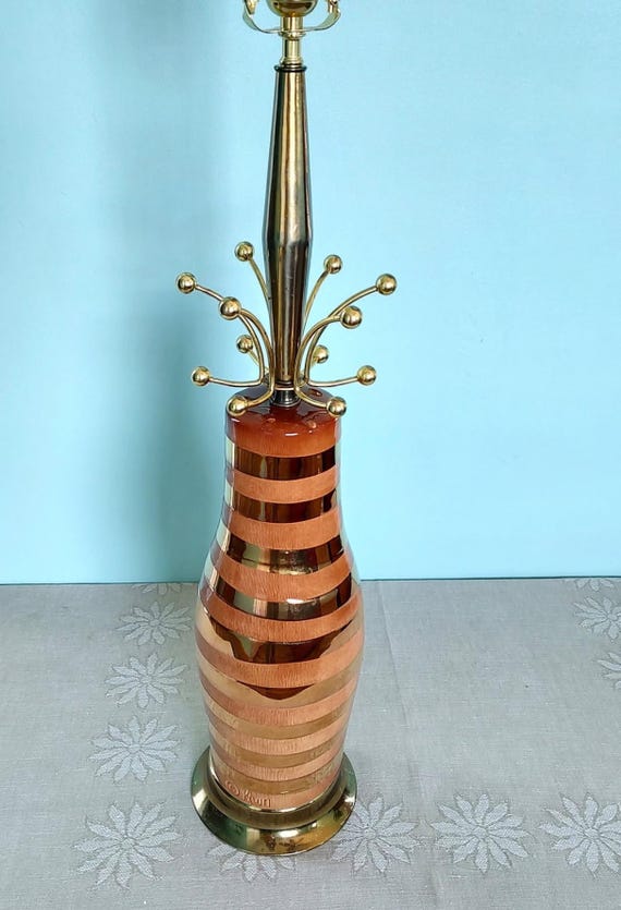 1950s Orange Ceramic & Brass Atomic Retro Table Lamp | Vintage Mid Century Light