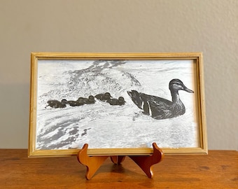 Vintage Black & White Duck and Duckling Print Artwork | Small Framed Pond and Waterfowl Art