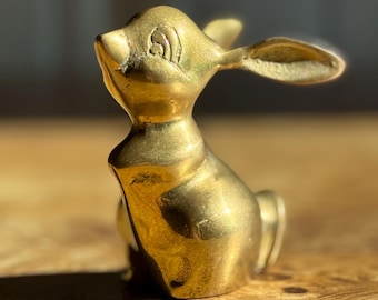 Brass Rabbit Figurine | Mid-Century Good Luck Bunny Charm | Vintage Brass Thumper Statue