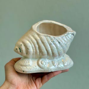 Vintage Pearly Ceramic Sea Shell Planter | Iridescent White Conch | Ocean & Coastal Home Decor