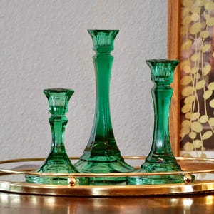 Vintage Pressed Glass Emerald Green Candlestick Holders – Set of 3