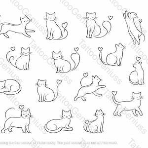 May include: A collection of line art cat illustrations in various poses, each with a heart-shaped tail. The cats are depicted in a minimalist style, with a focus on simple lines and shapes. The overall theme is cute and whimsical.