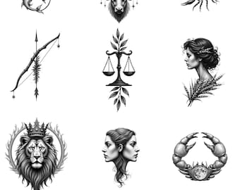 Diseños de tatuajes del zodíaco: 12 diseños de líneas finas inspirados en la astrología: símbolos del horóscopo para tinta imprimible.