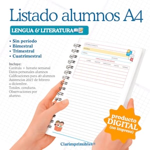 Könnte beinhalten: Ein weißes Spiralnotizbuch mit dem Text "Listado alumnos A4" und "LENGUA & LITERATURA". Das Notizbuch ist geöffnet und zeigt linierte Seiten und einen Abschnitt für Wochenpläne. Ein digitales Produktetikett ist sichtbar.