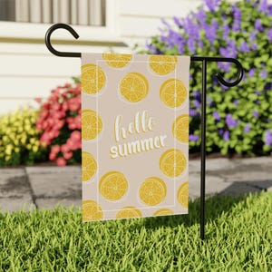 Summer Citrus Garden Banner, Hello Summer House Flag, Outdoor Decor, Lemon Print Yard Banner, Garden Flag for Warm Days, Seasonal Landscape
