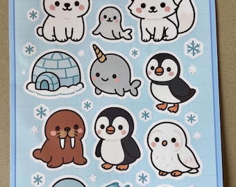 Kawaii Arctic Animals Vinyl Sticker Sheet: Winter Planner Stickers
