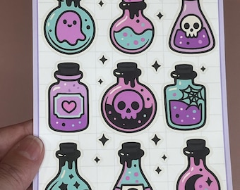 Kawaii Halloween Potion Bottle Sticker Sheet: Pastel Goth Planner, Journal, Notebook, Scrapbook Stickers