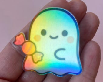 Kawaii Ghost Candy Sticker: Pastel Halloween Die Cut Vinyl