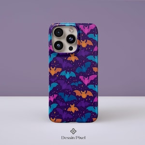 Cute Bat Phone Case, Halloween Aesthetic Phone Cover, Spooky Colorful Design for iPhone 15 Pro, iPhone 14, Galaxy S24, iPhone 13, iPhone 16