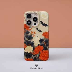 Halloween Floral Ghost Phone Case, Vintage Spooky Aesthetic, Orange Chrysanthemum Design, For iPhone 15 Pro Max, Google Pixel, Galaxy S24