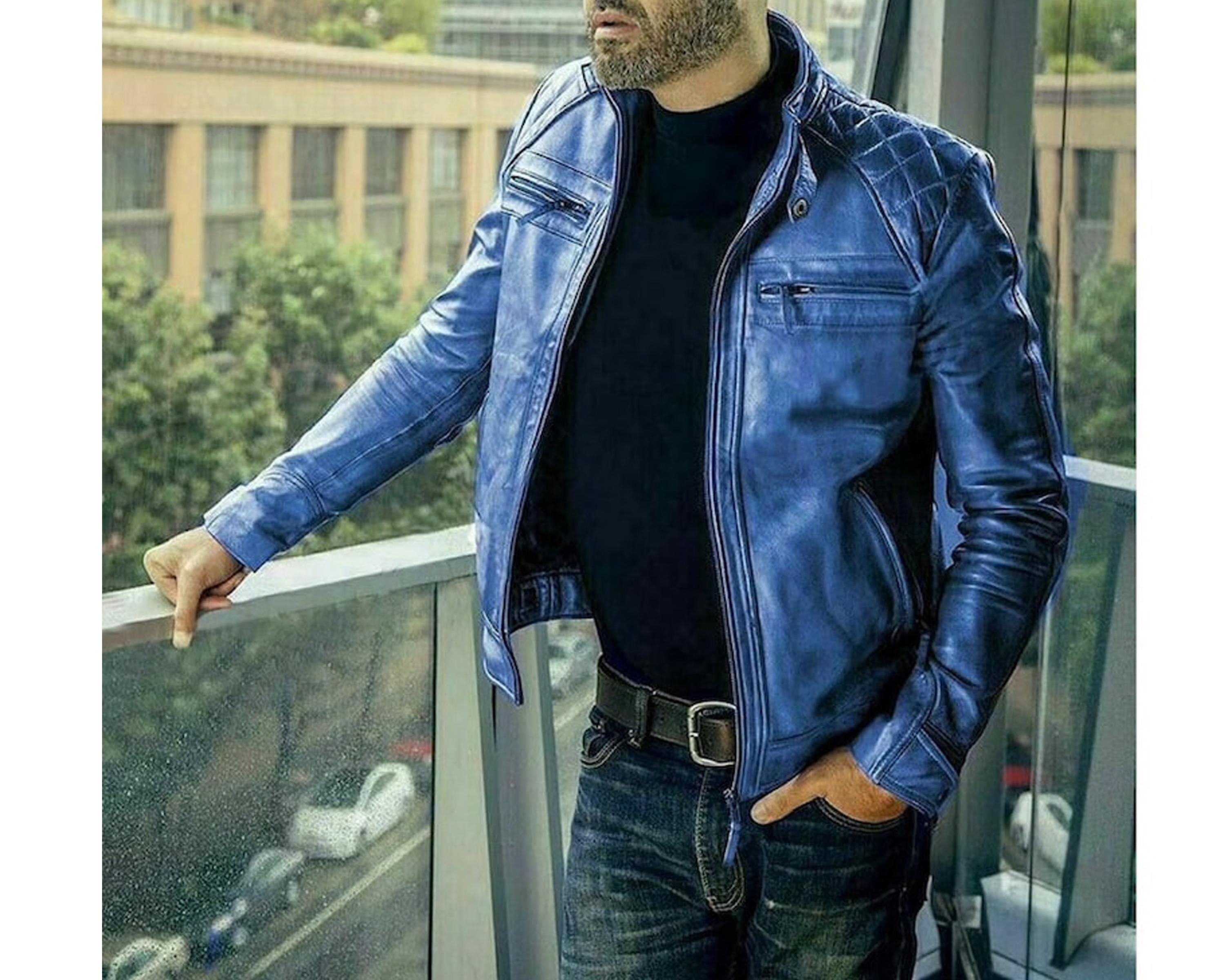 Blue leather bomber jacket - Etsy 日本