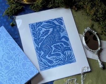 Blue Moon Hare Linocut print – Handprinted Witchy Art | Folklore Woodland Wall Art | Cottagecore Home Decor | Original print
