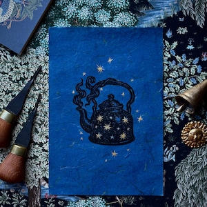 Starry Teapot Linocut Print - Handprinted Cosmic Kettle Art on Deep Blue Mulberry Paper | Witchy Cottagecore Wall Art | Original print