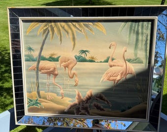 Vintage Mid Century Flamingo Large Framed 1950's Flamingo