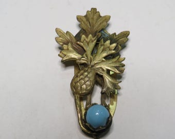 Vintage Ornate Brass Dress/Scarf Clip W/Turquoise Bead 2.25" X 1.25" Pre-Owned