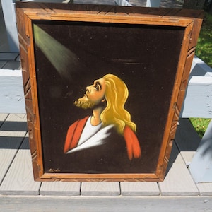 Religious Jesus Painting on Velvet Artist Signed 23&quot; X 19&quot; X 1&quot;