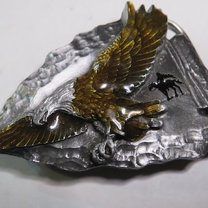 Vintage Siskiyou Enamel Bald Eagle in Flight Pewter Belt Buckle Arrowhead