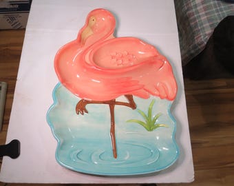 Pink Flamingo Ceramic Dip Chip Serving Platter 12 5/8" X 7 1/8" X 1 3/4" Dishwasher Safe
