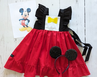 Girls Classic Mickey Mouse Themed Twirl Dress, Mickey Mouse Club House Dress inspired by Mickey, Everyday dress, sizes 12/18m, 2T-8 girls