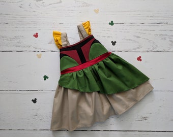 Girls Boba Fett Dress, Everyday Princess Dress inspired by Star Wars character Boba Fett available in sizes 12/18m, 2T-8 girls