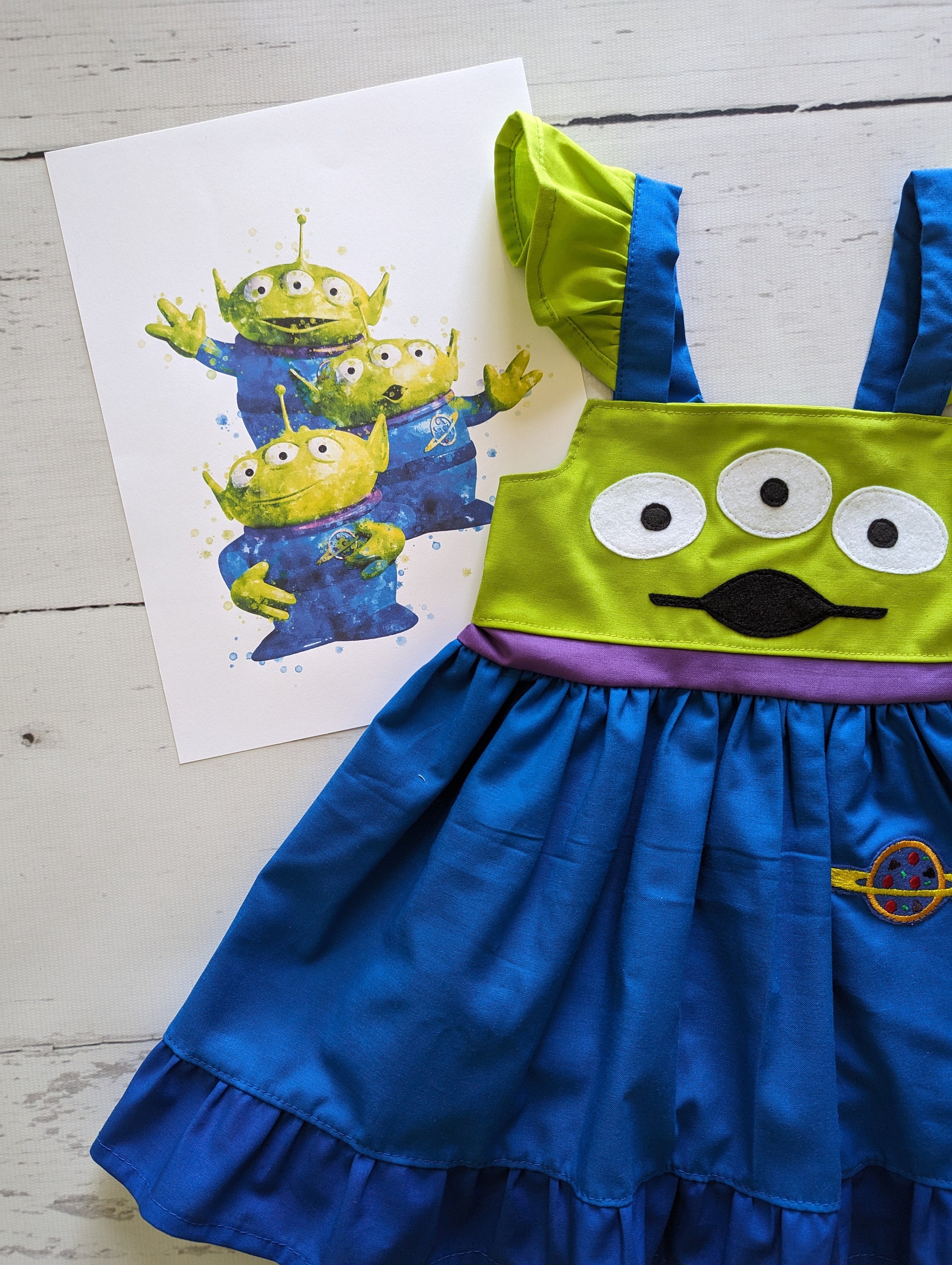 Girls Alien Twirl Dress, Pizza Planet Green Alien Dress inspired by Toy Story, Everyday character dress up, sizes 12/18m, 2T-8girls
