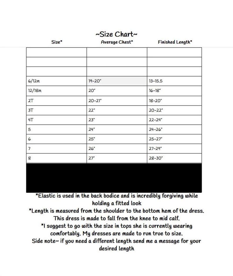 Puede incluir: Tabla de tallas para un vestido con medidas en pulgadas para el pecho y la longitud terminada. La tabla enumera las tallas desde 6/12 meses hasta la talla 8. El texto debajo de la tabla explica que el vestido est&aacute; hecho para caer desde la rodilla hasta la mitad de la pantorrilla y que el el&aacute;stico en el corpi&ntilde;o trasero es indulgente.