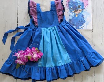 Girls Stitch Inspired Twirl Dress, Blue Alien Costume, Handmade Sizes 12/18m-8