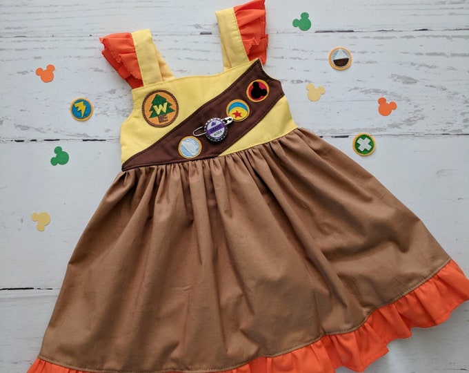 Girls Wilderness Explorer Dress, Up Inspired Russell Costume, Handmade Sizes 12/18m-8