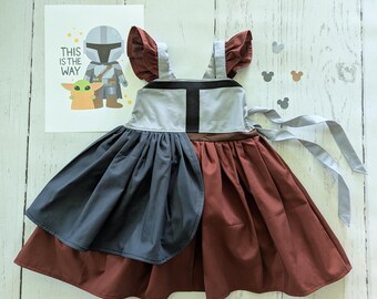 Girls Mandolorian Dress, Everyday Princess Dress inspired by Star Wars character Mando available in sizes 12/18m, 2T-8 girls