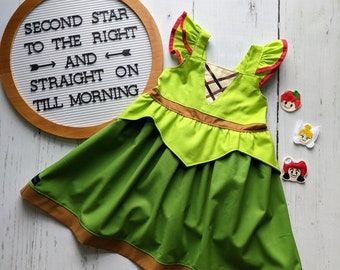 Girls Peter Pan Dress, Everyday Pan Dress inspired by Peter Pan, Everyday Princess dress up available in sizes 12/18m, 2T-8 girls